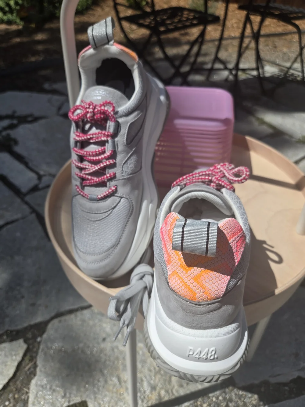 P448 Women's Luke Sneaker — Gray with Pink Accent.